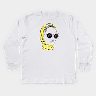 beautiful girl in a yellow bandana and sunglasses Kids Long Sleeve T-Shirt